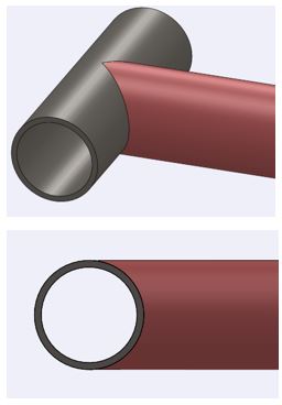 3D model of a round stainless branch tube coped to a clean saddle against a larger run tube
