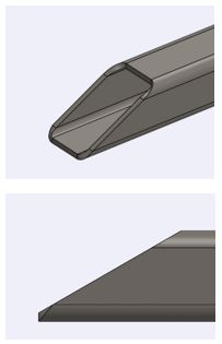 The same square tube miter as cut on the tube laser, where each face is cut square to its surface leaving a short blunt land instead of a knife point