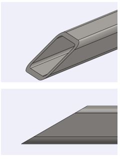 3D model of a square stainless tube mitered to a sharp knife-edge point, the way a saw would cut it
