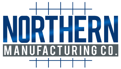 Logo of Northern Manufacturing Co. in blue and gray, showcasing expertise in stainless steel fabrication and custom precision metal fabrication with a modern grid background.